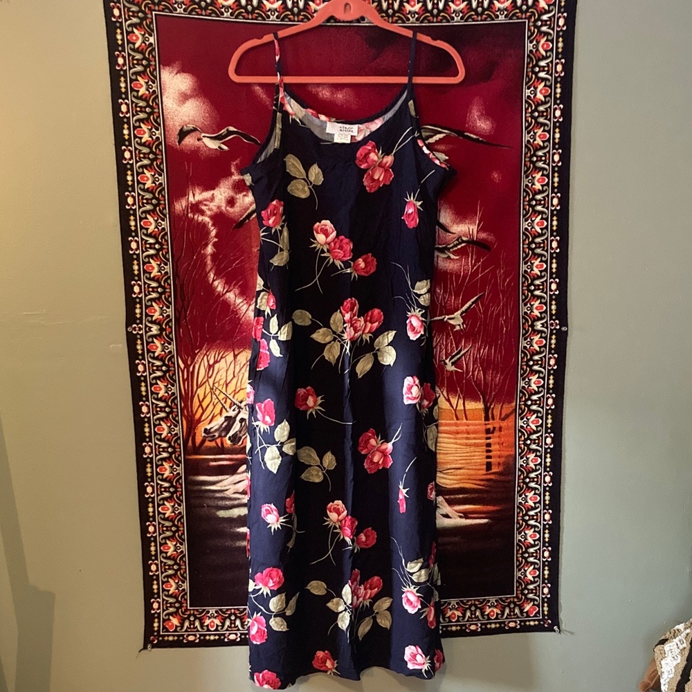 🗝️ Vintage 90s Navy Rose Rayon Maxi Dress | Class Action - Picture 1 of 4